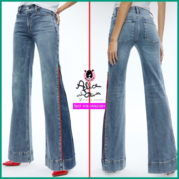 Alice + Olivia Denim - Alice + Olivia Rey Side Zipper Blue Red Wide Leg Jeans
